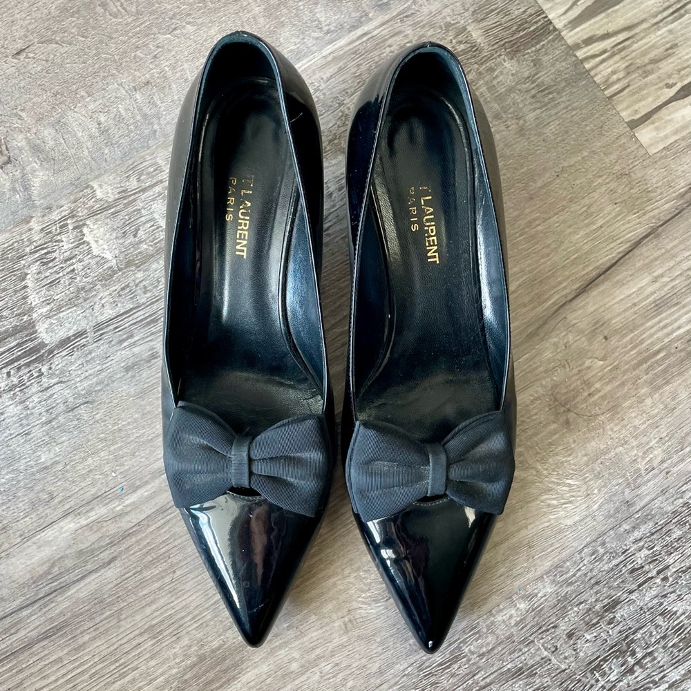 Yves Saint Laurent YSL Black Italian Patent Leather Bow Kitten Heel Size 40 - Picture 9 of 14